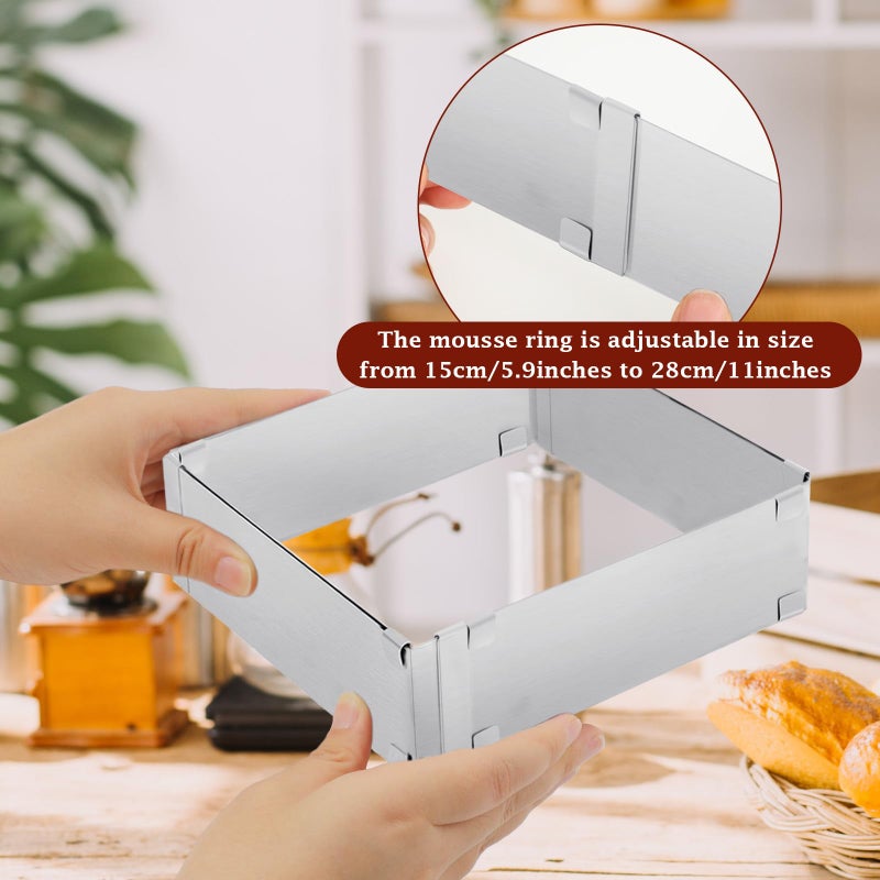 EORTA Stainless Steel Cake Mold Adjustable Cake Ring from 5.9" to 11", Square Shaped Mousse Cake Cutter Baking Mold Pastry Baking Tool for Birthday Cake, Party Dessert, Handmade Snack - Image 2